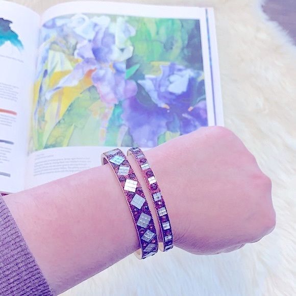 Gorgeous & Sparkly Rose Gold Bangles Red w/Unique Silver Baguettes Bracelet Set - Picture 7 of 17